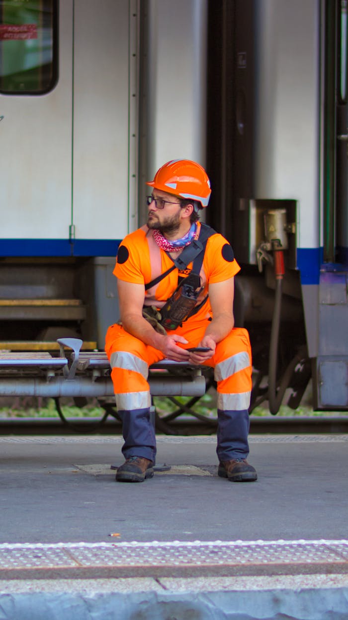 Man in orange safety gear sits beside a train, wearing a hard hat and safety glasses.